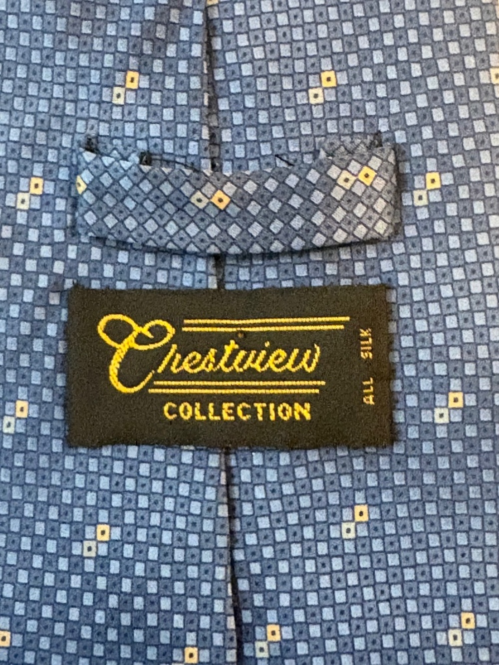 Vintage Crestview Collection Blue Gold Micro-Pattern Silk Tie Hand Made